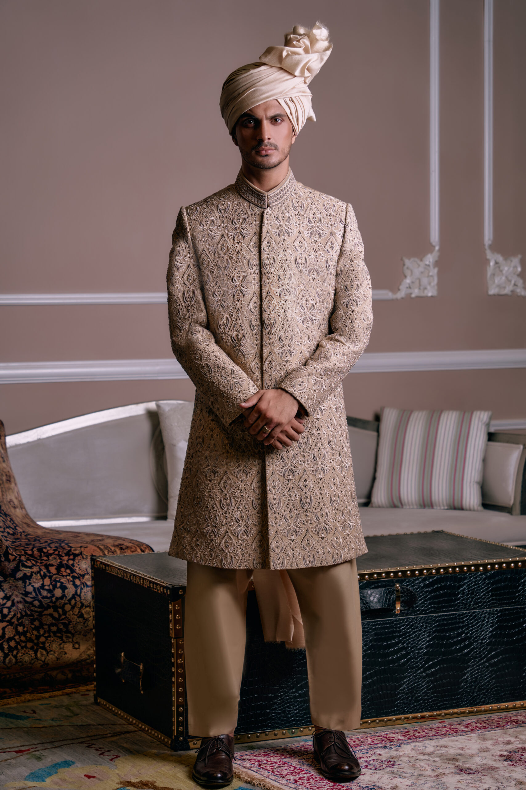 Sand Gold Embroidered Silk-Blend Brocade Sherwani (3-Piece) - Image 2