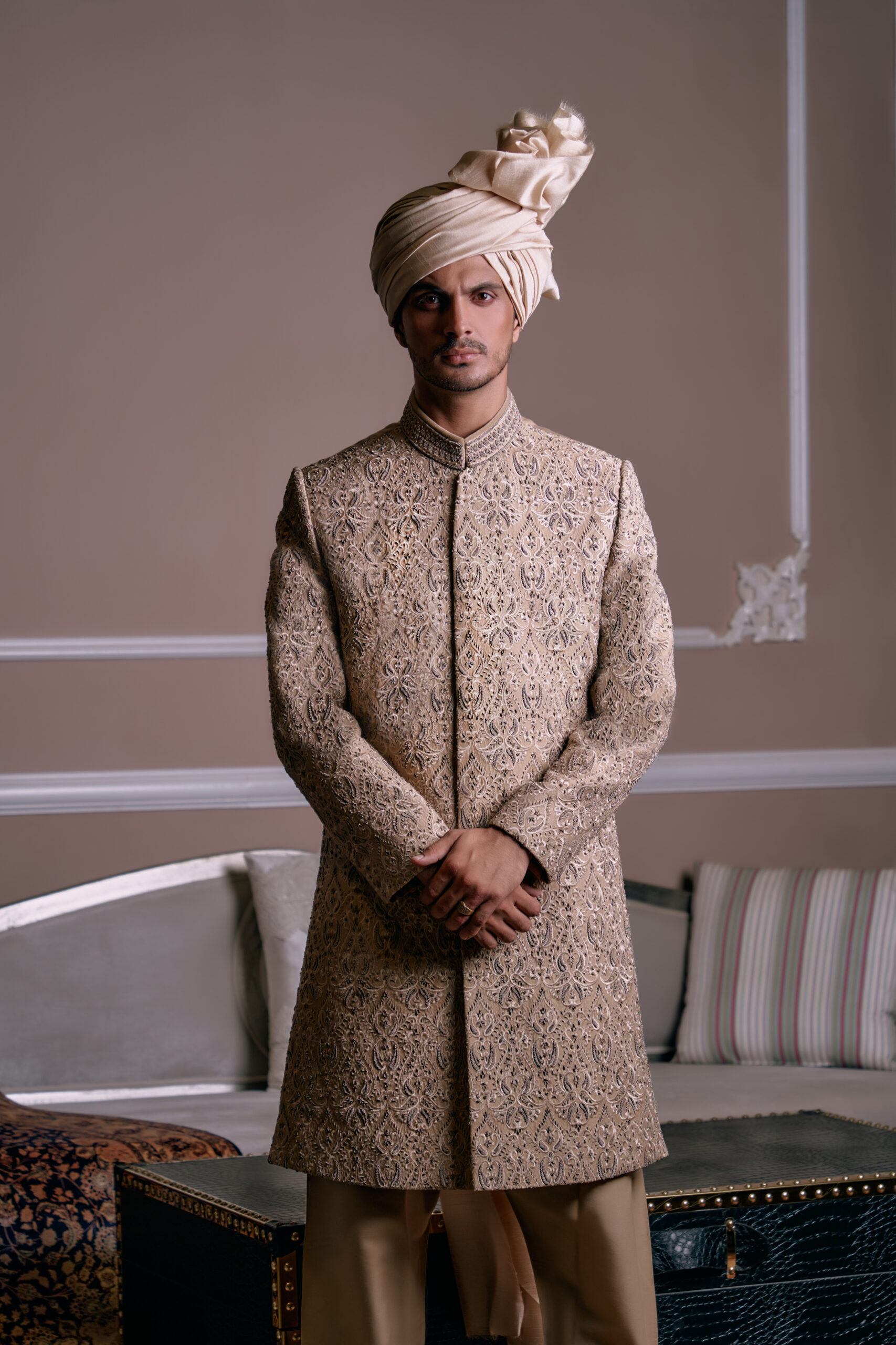 Sand Gold Embroidered Silk-Blend Brocade Sherwani (3-Piece) - Image 3