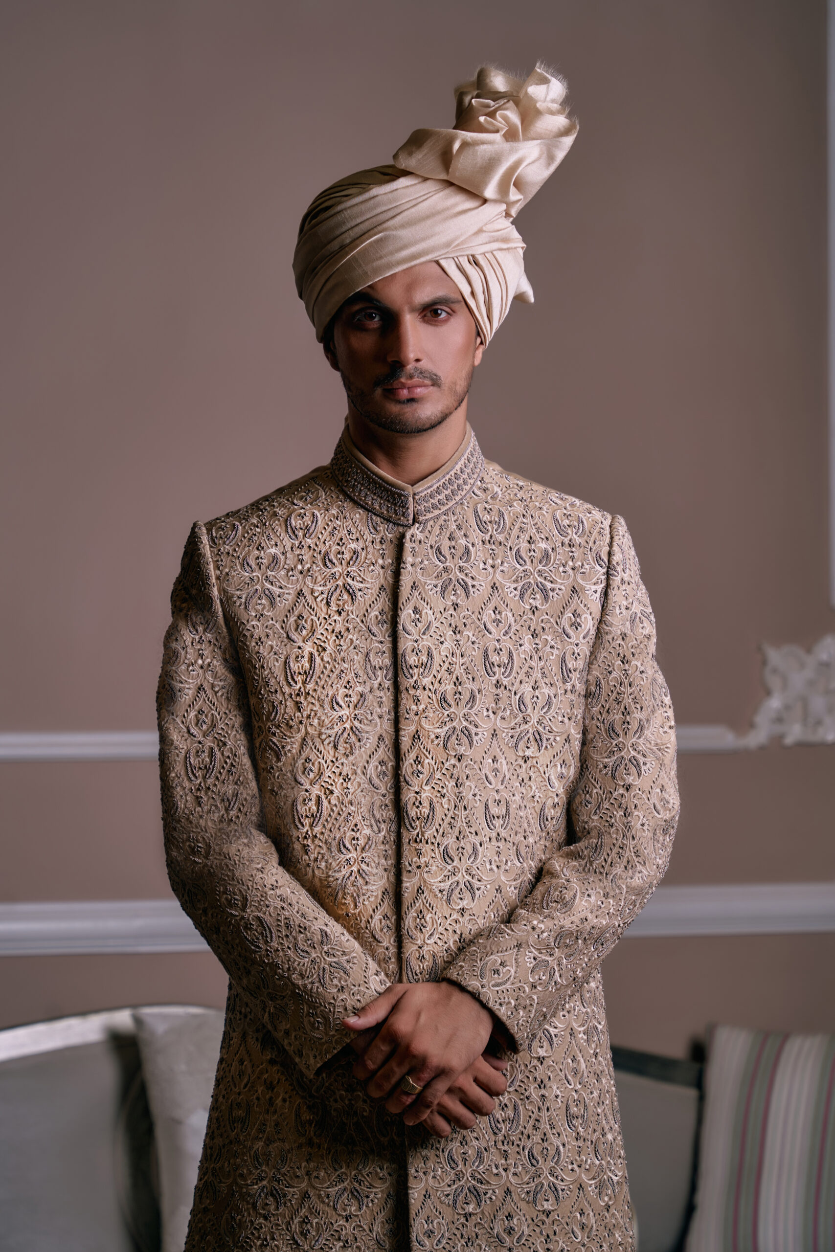 Sand Gold Embroidered Silk-Blend Brocade Sherwani (3-Piece) - Image 4
