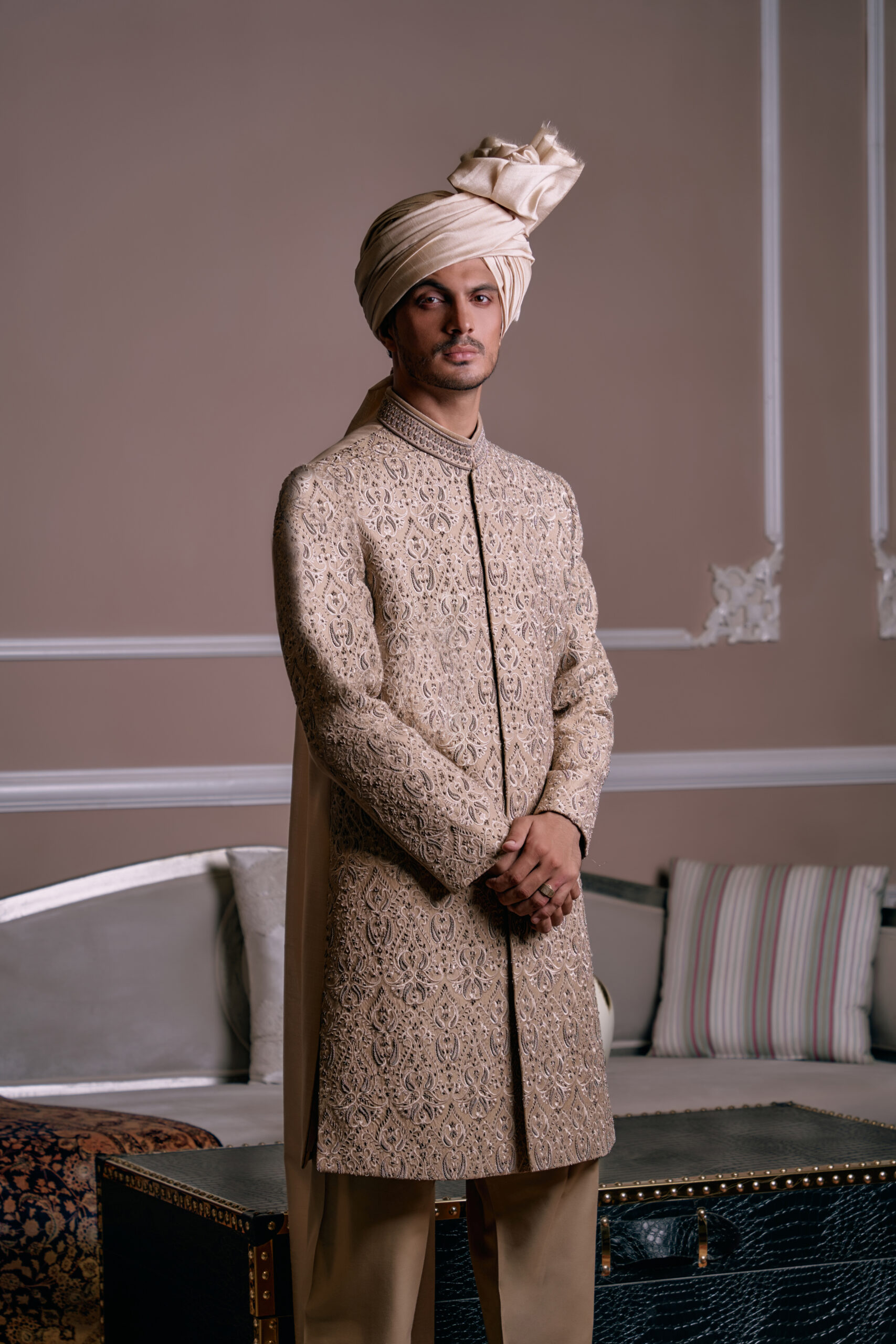 Sand Gold Embroidered Silk-Blend Brocade Sherwani (3-Piece) - Image 5