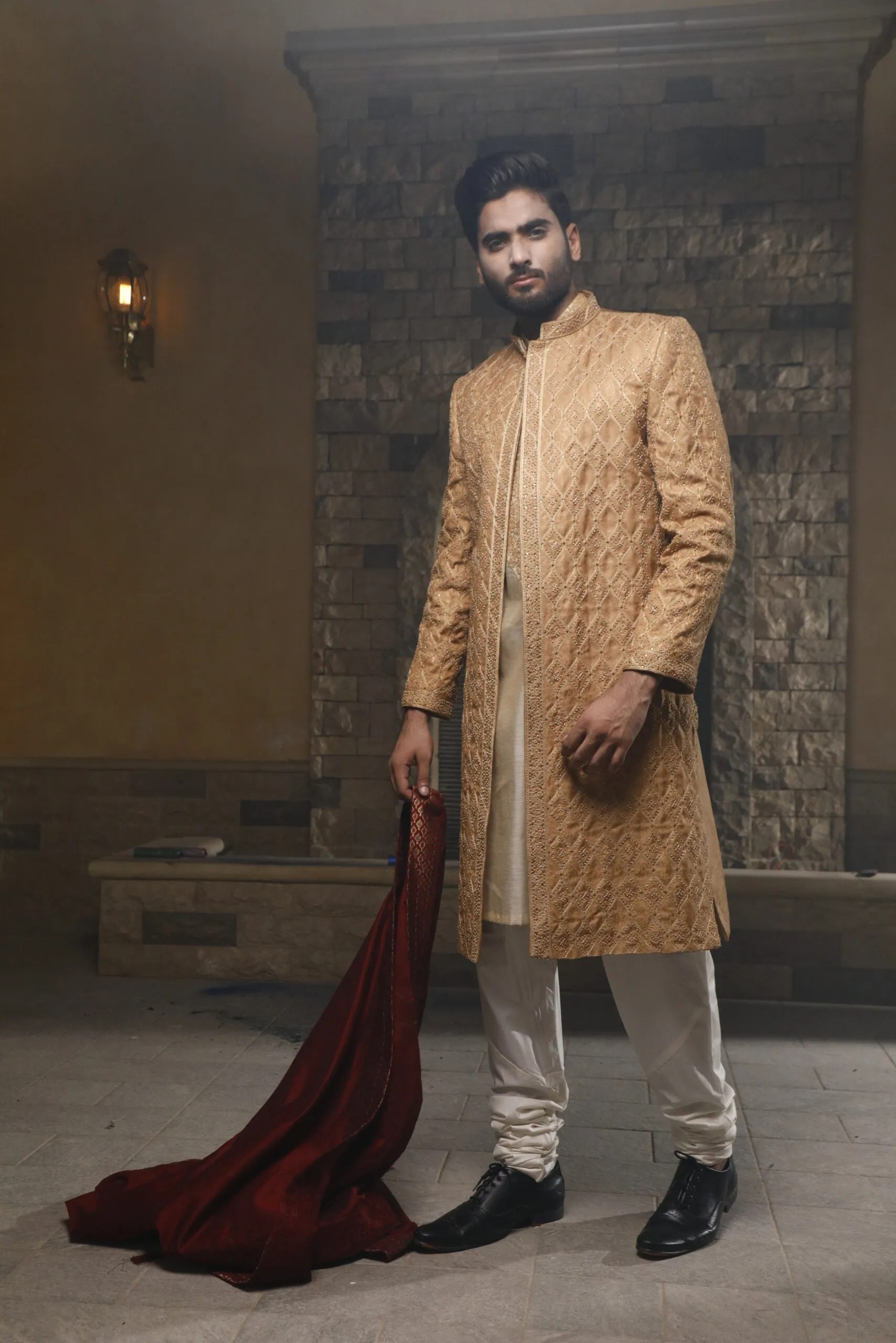 Camel Gold Embroidered Silk-Blend Sherwani (3-Piece) - Image 1