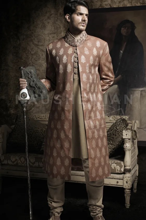 Copper Woven Brocade Groom Sherwani (3-Piece) - Image 1