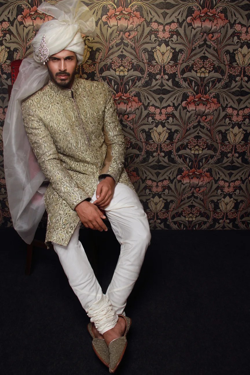 Gold Embroidered Brocade Sherwani (3-Piece) - Image 2