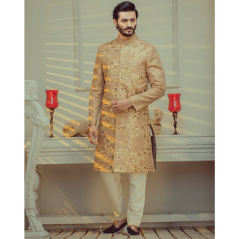 Gold Threadwork Brocade Groom Sherwani (2-Piece) - Image 1