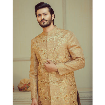 Gold Threadwork Brocade Groom Sherwani (2-Piece) - Image 2