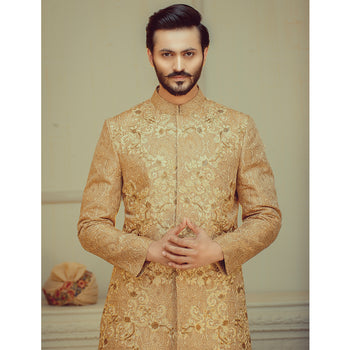 Gold Threadwork Brocade Groom Sherwani (2-Piece) - Image 3