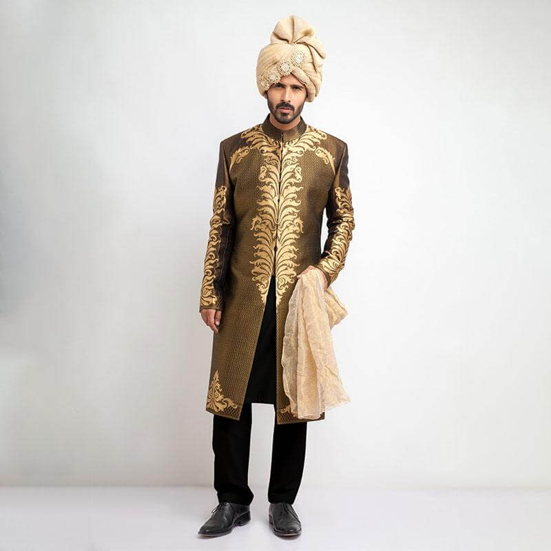 Antique Gold and Black Brocade Sherwani (3-Piece) - Image 1