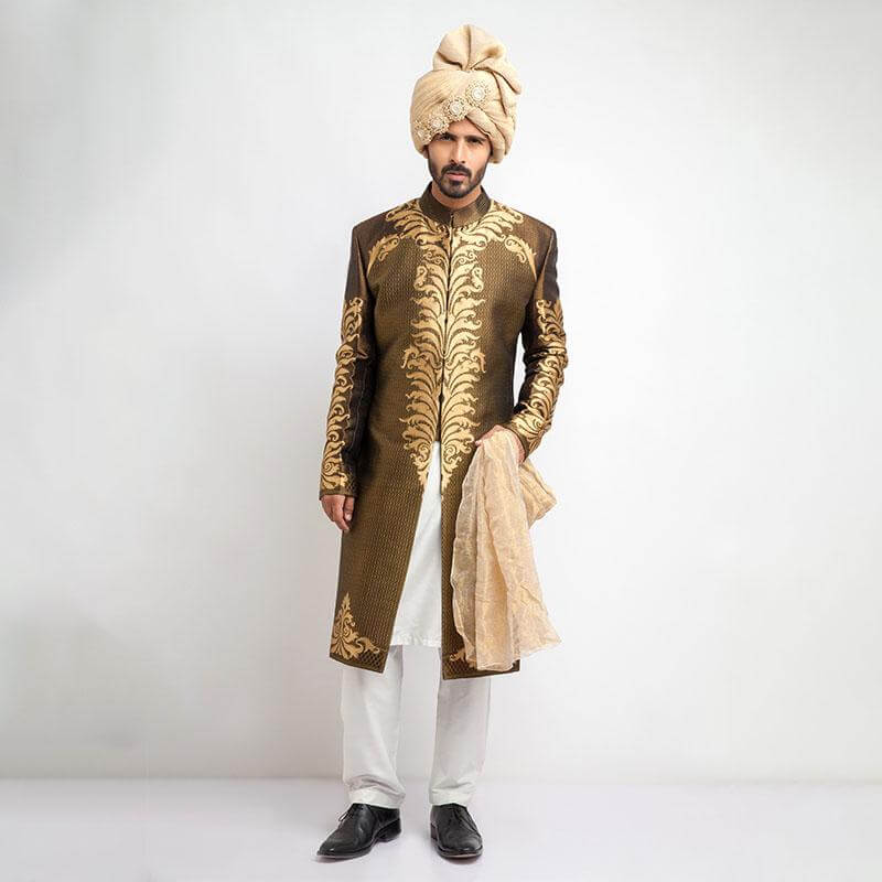 Antique Gold and Black Brocade Sherwani (3-Piece) - Image 3