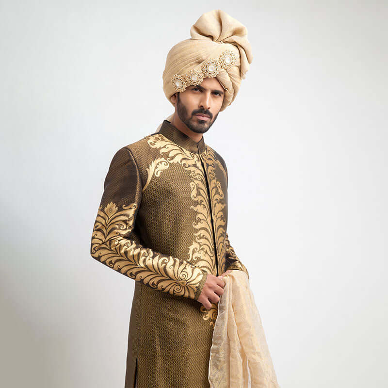 Antique Gold and Black Brocade Sherwani (3-Piece) - Image 5