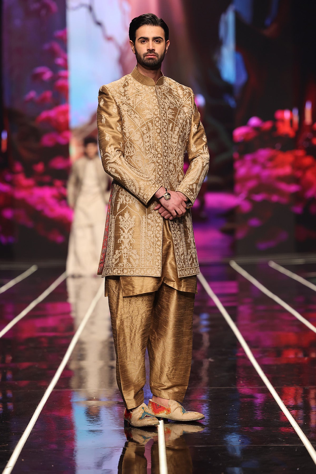 Gold Embroidered Brocade Groom Sherwani (2-Piece) - Image 2