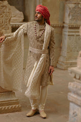 Gold Brocade Cotton Silk Sherwani (3-Piece) - Image 3