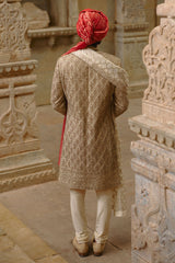 Gold Brocade Cotton Silk Sherwani (3-Piece) - Image 4