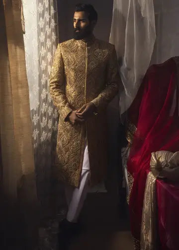 Dull Gold Embroidered Cotton Net Groom Sherwani (3-Piece) - Image 1