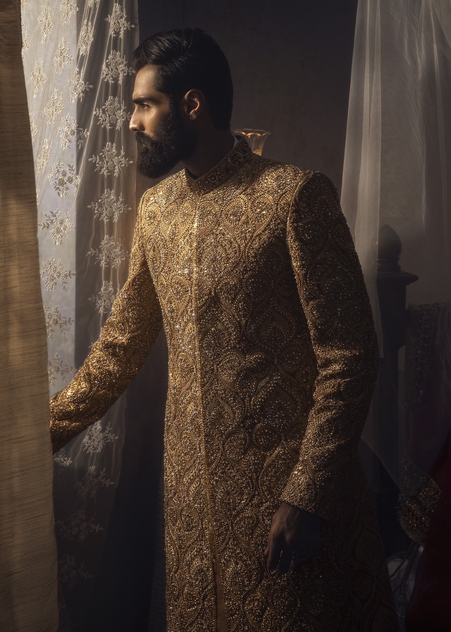 Dull Gold Embroidered Cotton Net Groom Sherwani (3-Piece) - Image 2