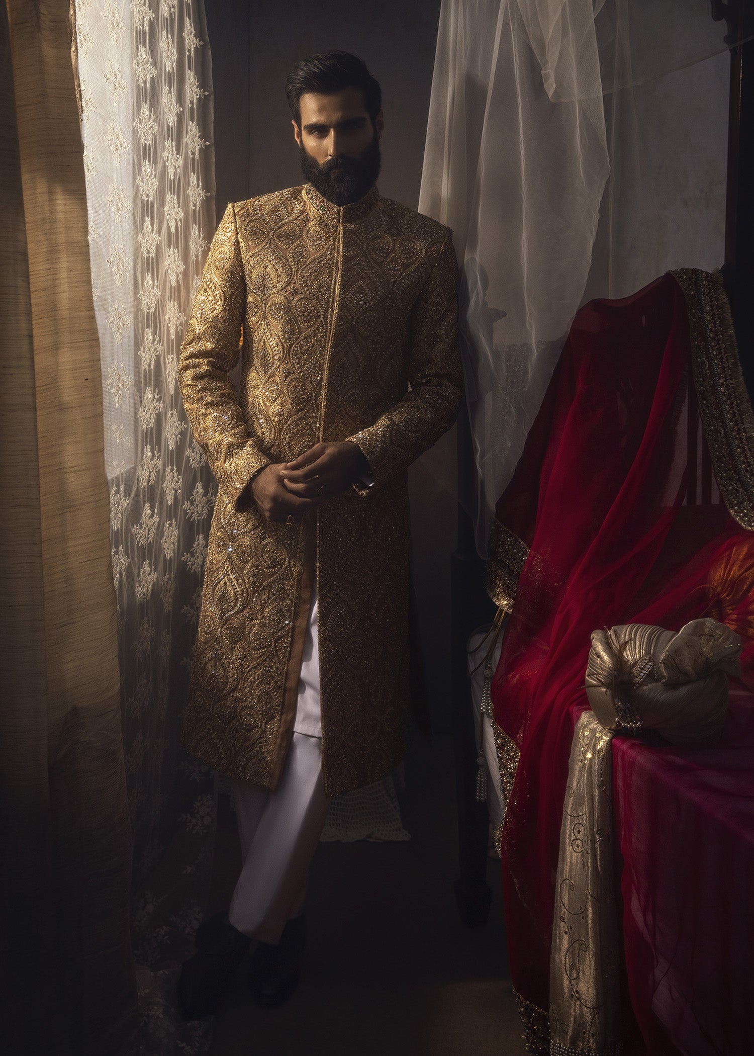 Dull Gold Embroidered Cotton Net Groom Sherwani (3-Piece) - Image 3