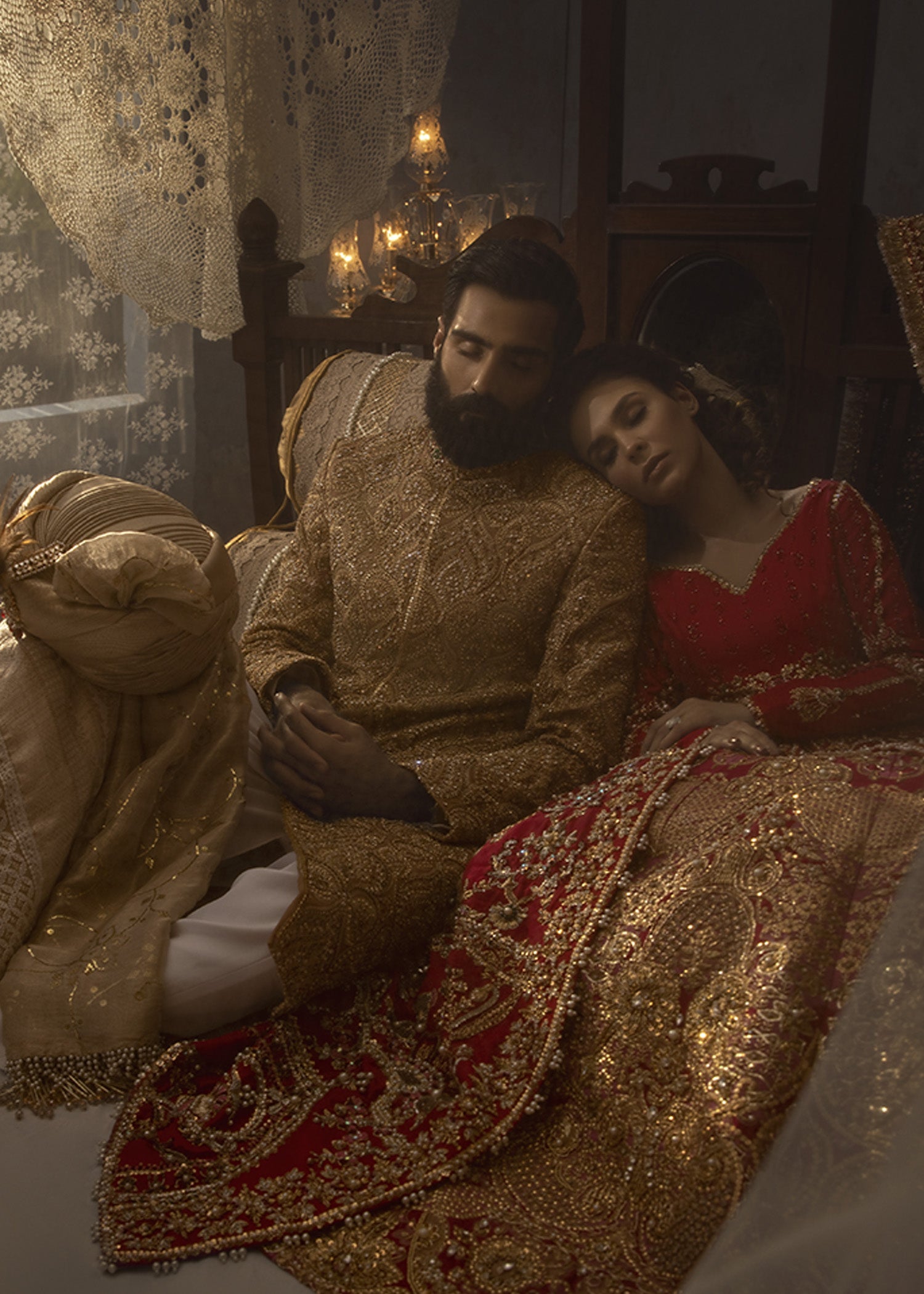 Dull Gold Embroidered Cotton Net Groom Sherwani (3-Piece) - Image 5