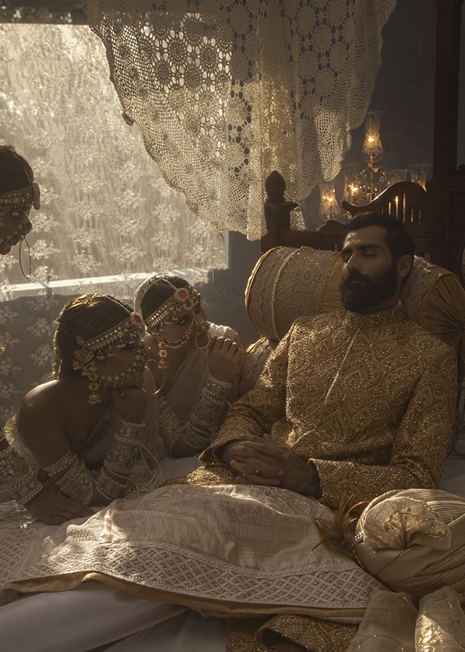 Dull Gold Embroidered Cotton Net Groom Sherwani (3-Piece) - Image 6