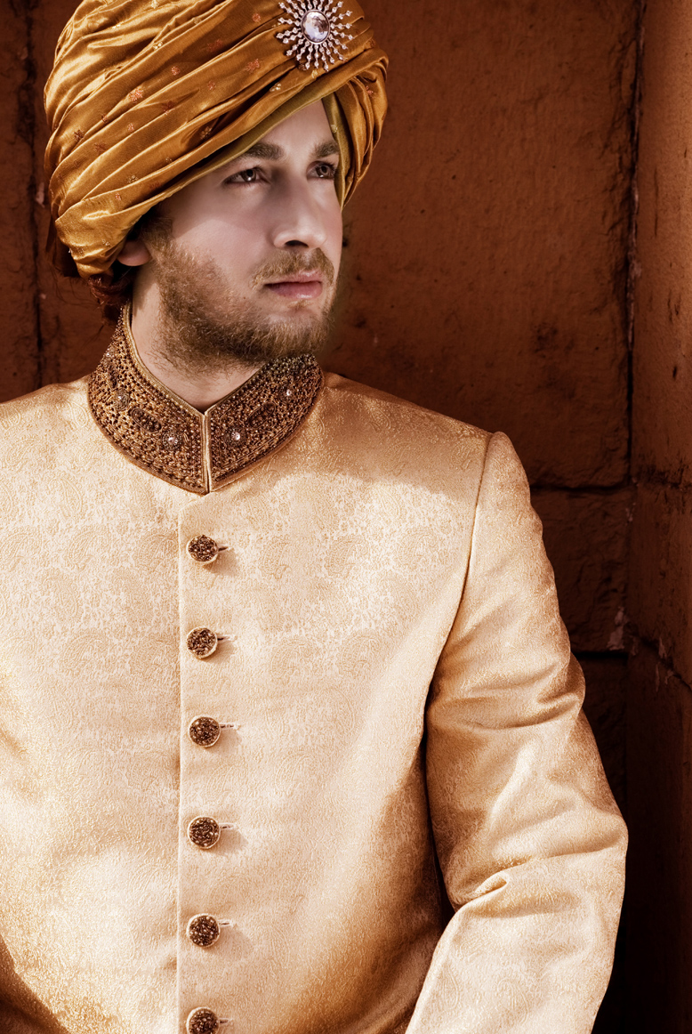 Gold Embroidered Cotton Sherwani (3-Piece) - Image 1