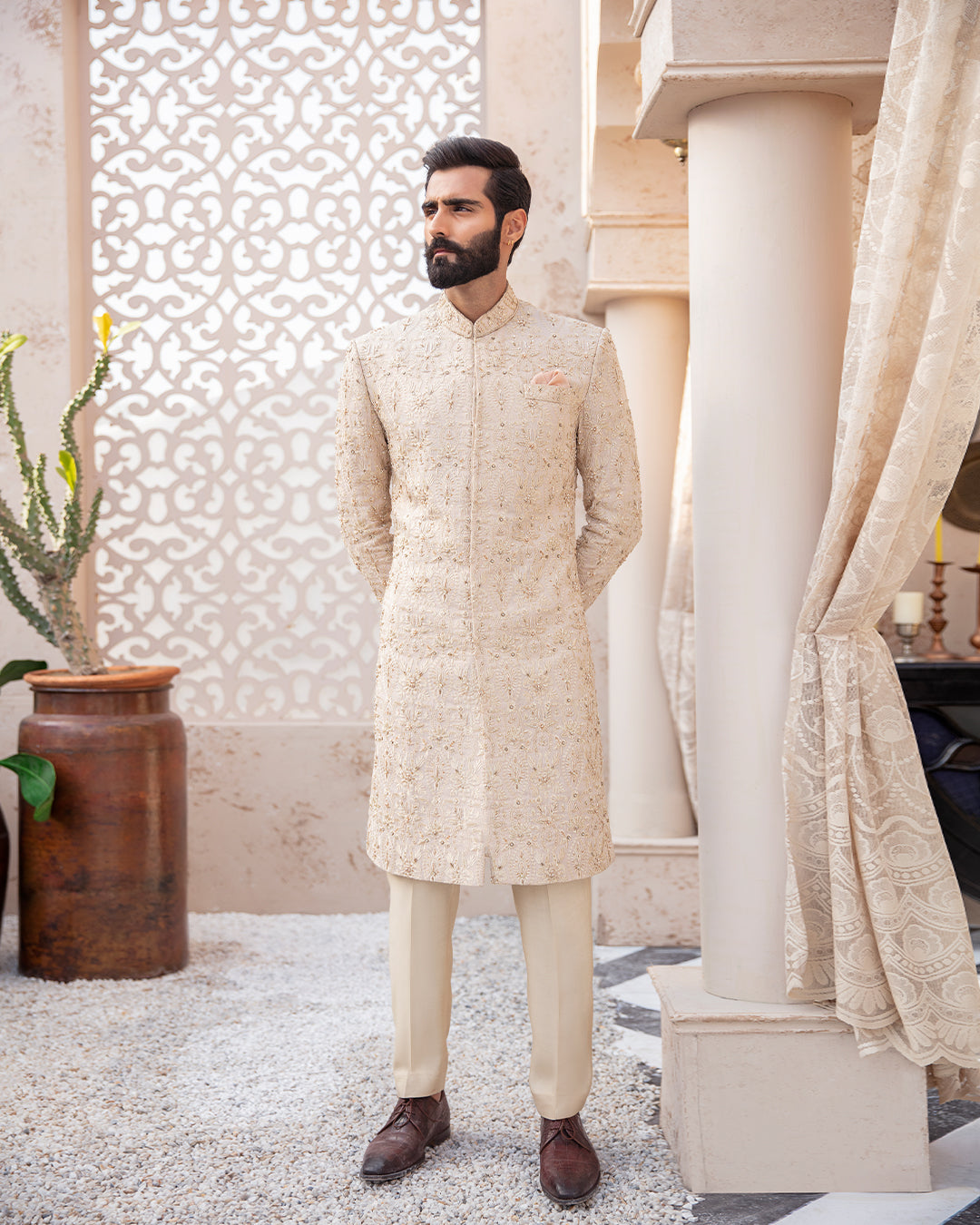 Beige Gold Kundan Zari Cotton Silk Sherwani (2-Piece) - Image 1