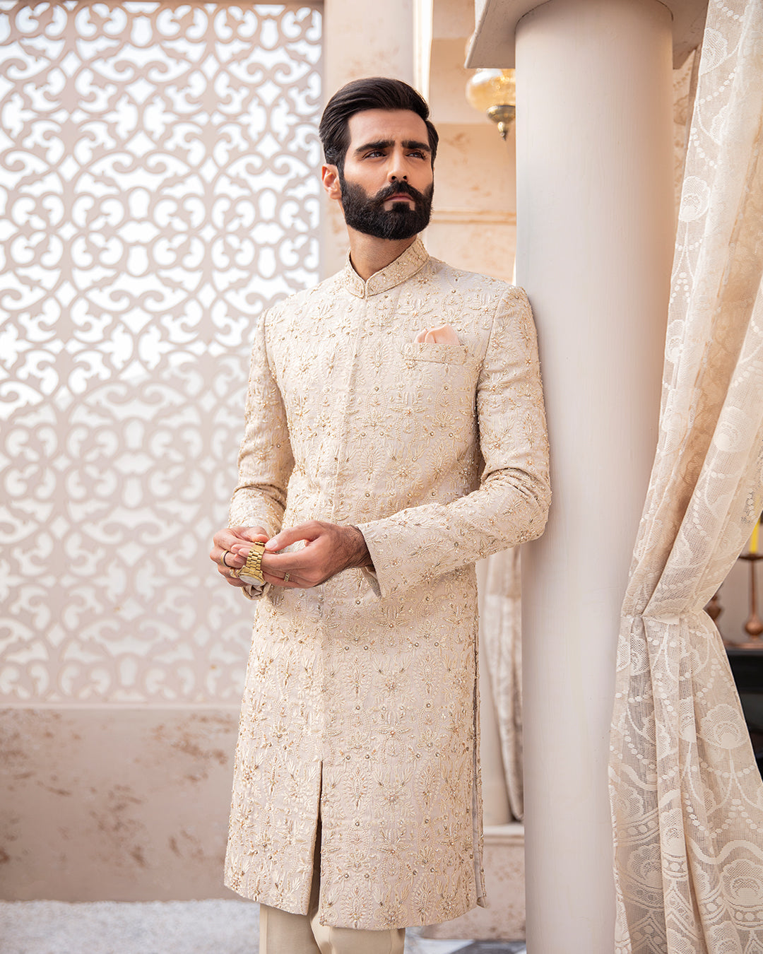 Beige Gold Kundan Zari Cotton Silk Sherwani (2-Piece) - Image 2