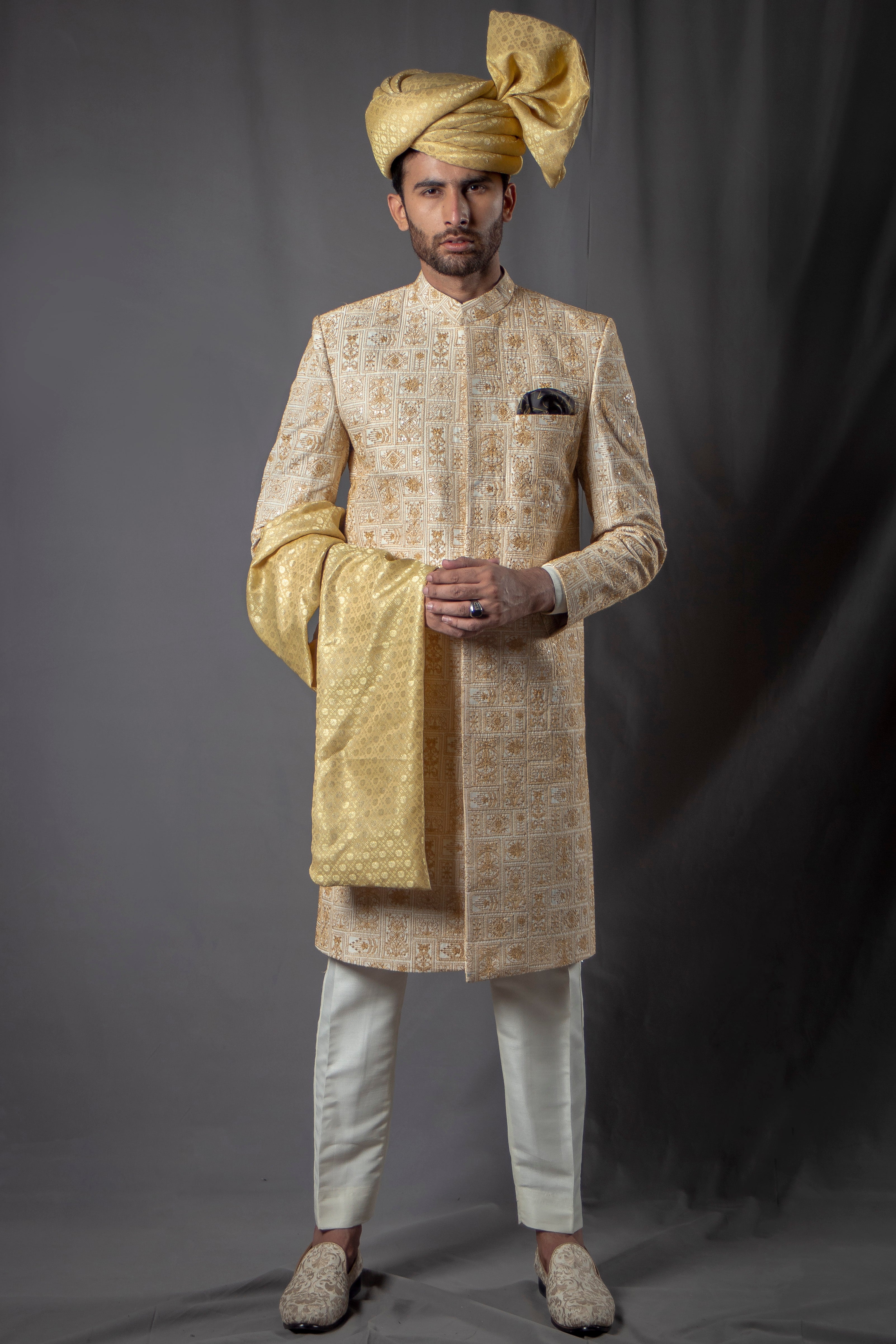 Gold Jacquard Brocade Groom Sherwani (3-Piece) - Image 1