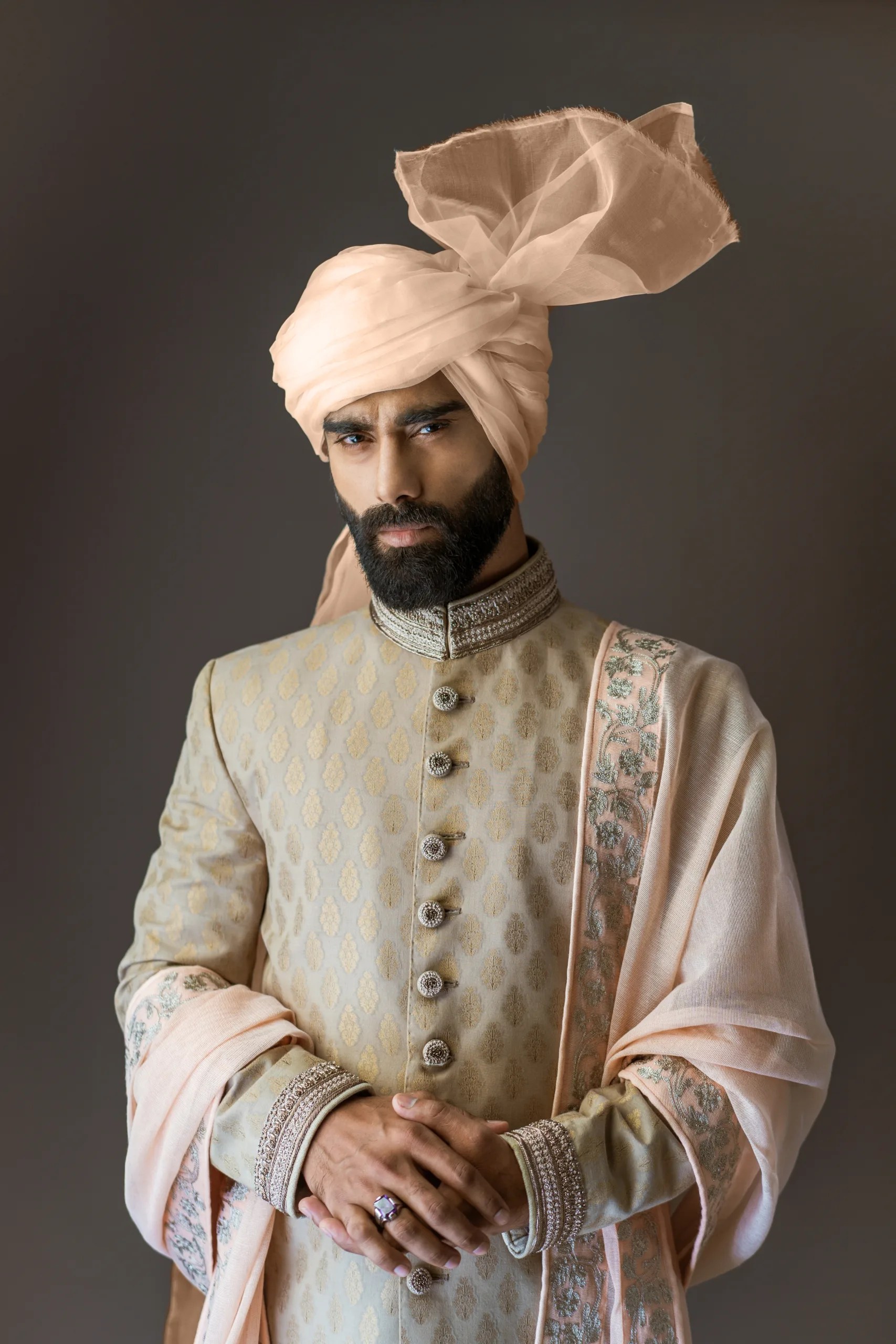 Light Gold Embroidered Jacquard Groom Sherwani (4-Piece) - Image 1