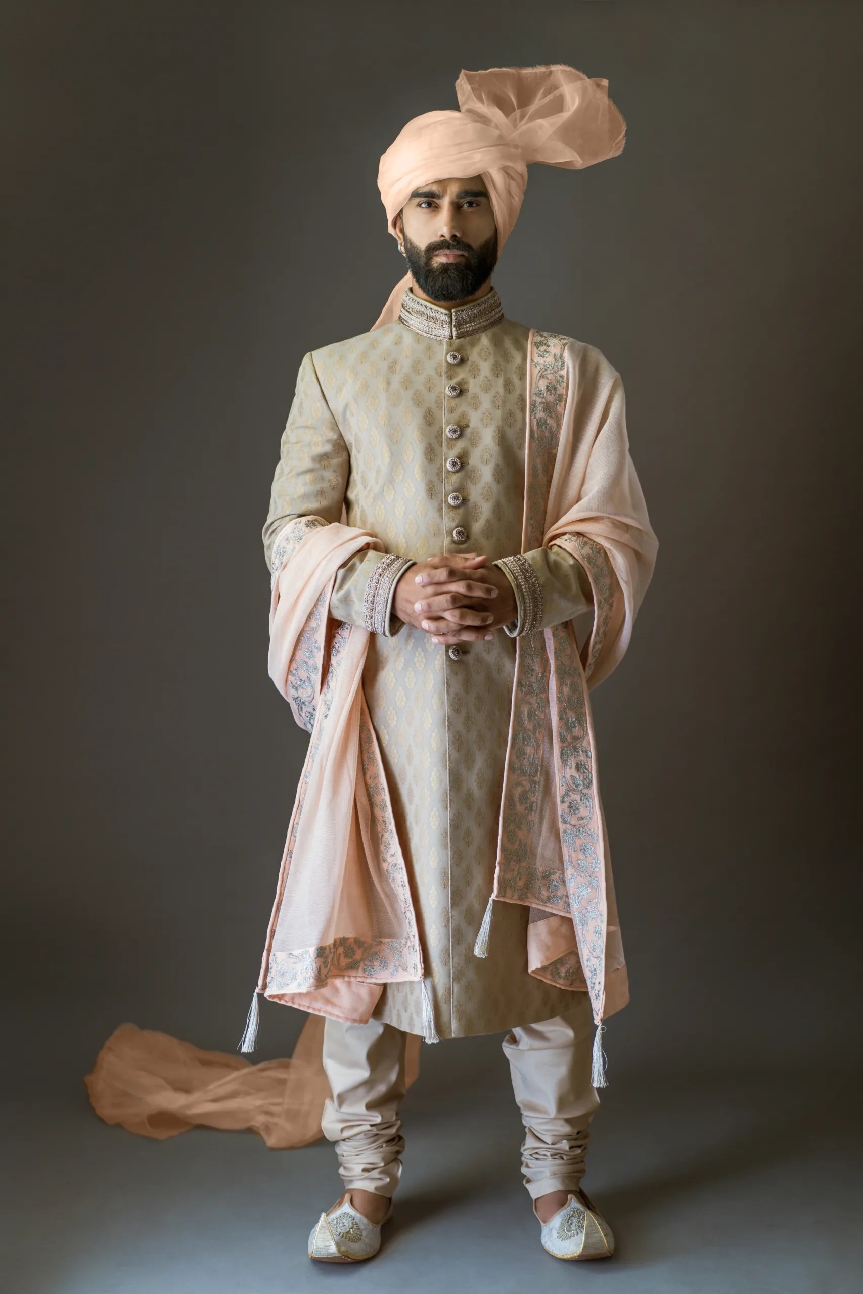 Light Gold Embroidered Jacquard Groom Sherwani (4-Piece) - Image 2