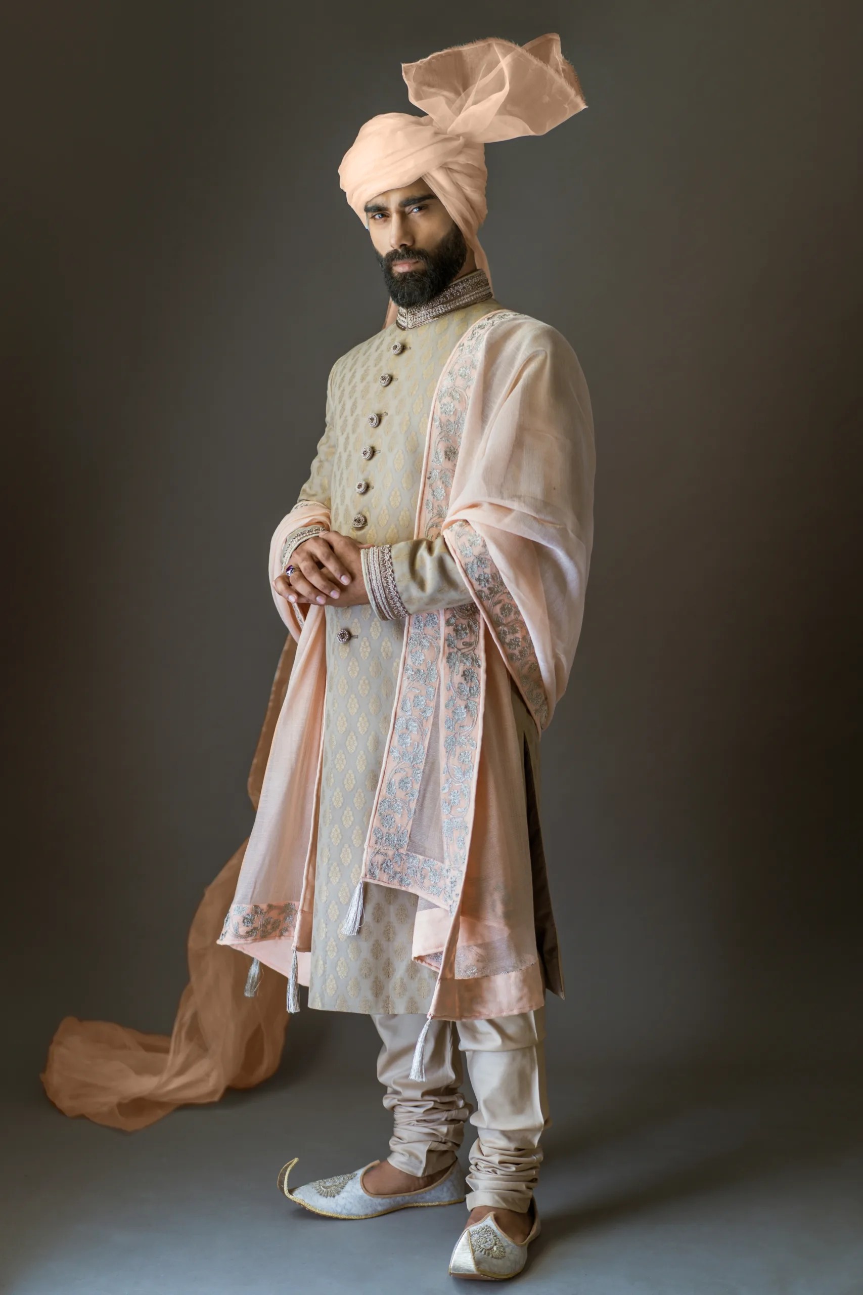 Light Gold Embroidered Jacquard Groom Sherwani (4-Piece) - Image 3