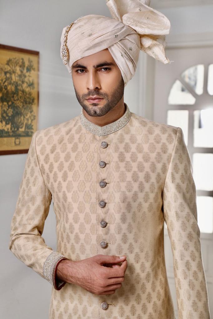 Champagne Gold Jacquard Sherwani (3-Piece) - Image 1