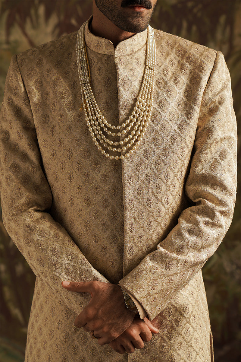 Champagne Gold Embroidered Jacquard Sherwani (3-Piece) - Image 1