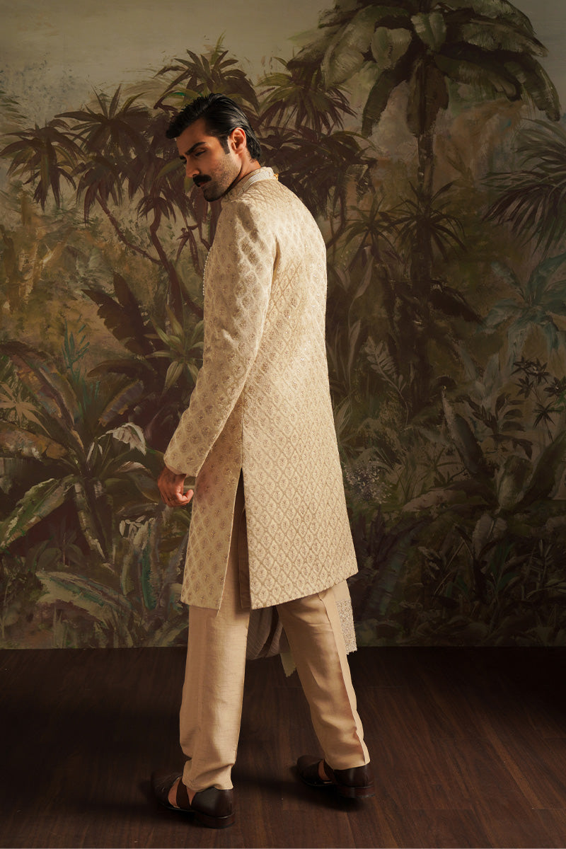 Champagne Gold Embroidered Jacquard Sherwani (3-Piece) - Image 5