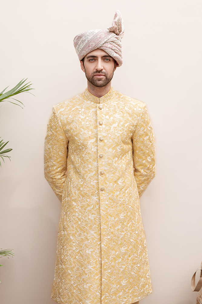 Yellow Gold Embroidered Jacquard Sherwani (2-Piece) - Image 1