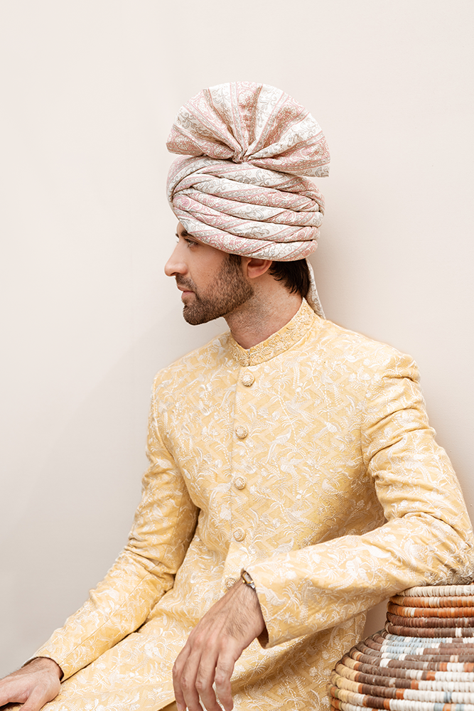 Yellow Gold Embroidered Jacquard Sherwani (2-Piece) - Image 2