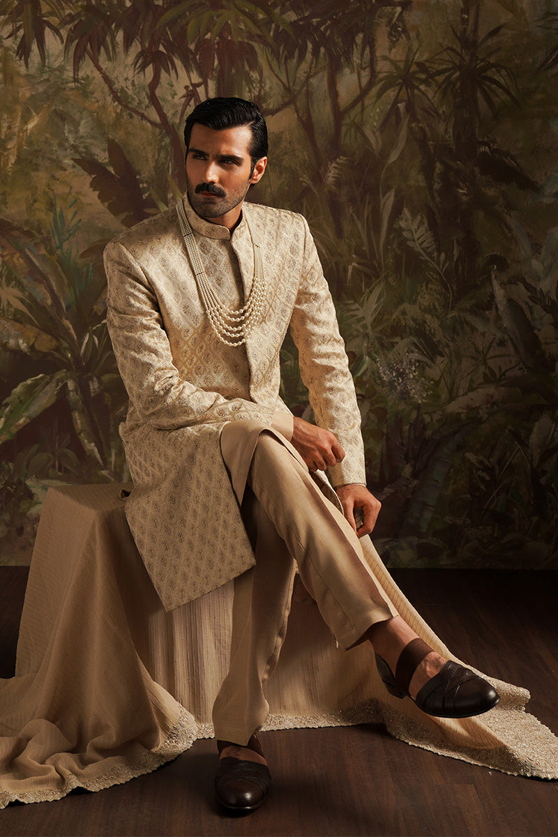Champagne Gold Embroidered Jacquard Sherwani (3-Piece) - Image 3