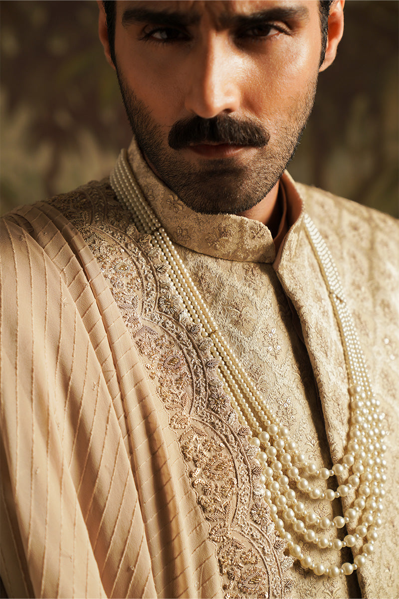 Champagne Gold Embroidered Jacquard Sherwani (3-Piece) - Image 5