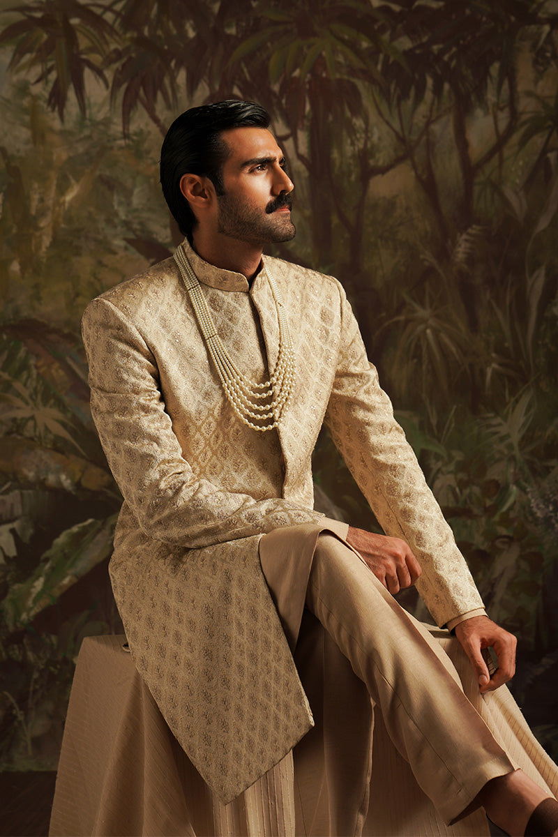 Champagne Gold Embroidered Jacquard Sherwani (3-Piece) - Image 8