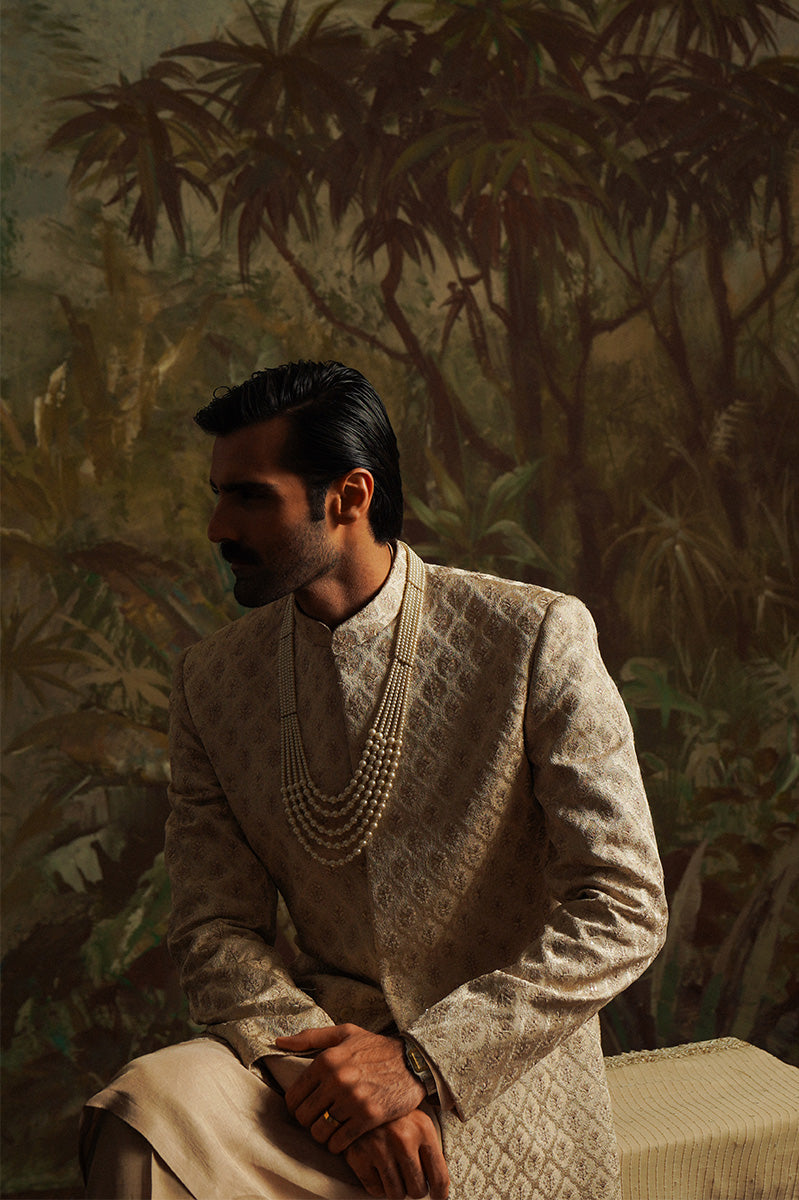 Champagne Gold Embroidered Jacquard Sherwani (3-Piece) - Image 9