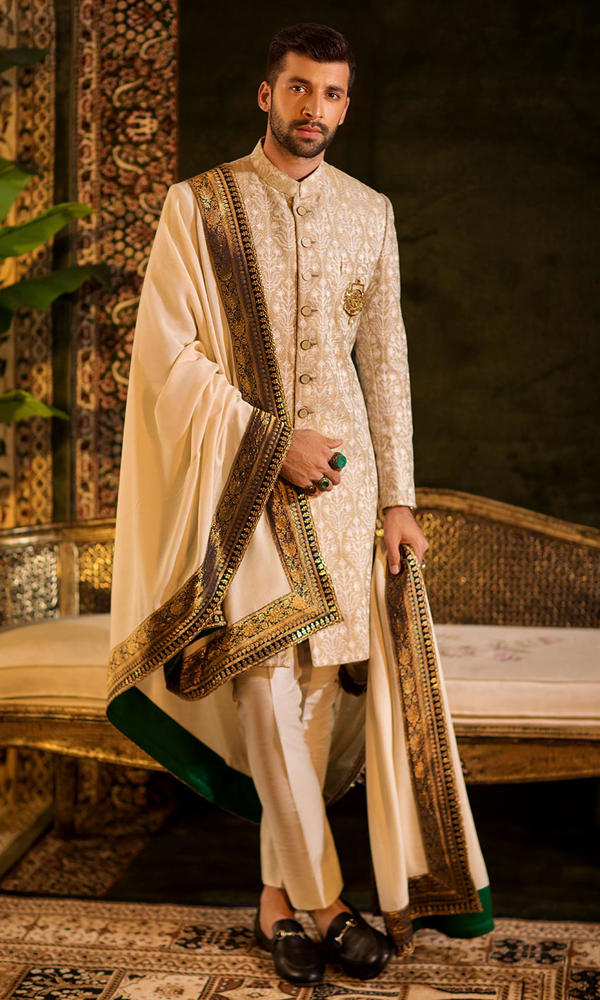 Golden Jacquard Groom Sherwani (3-Piece) - Image 3