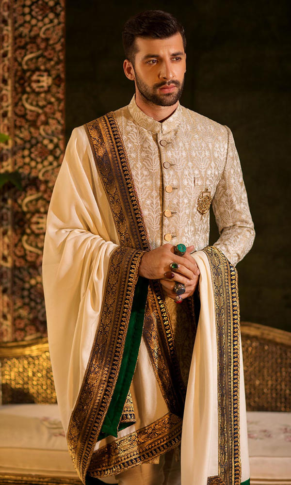 Golden Jacquard Groom Sherwani (3-Piece) - Image 4