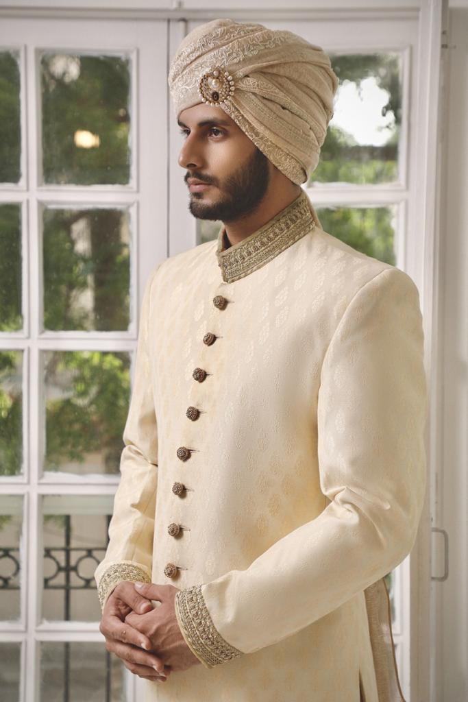 Haze Gold Embroidered Jacquard Sherwani (3-Piece) - Image 1