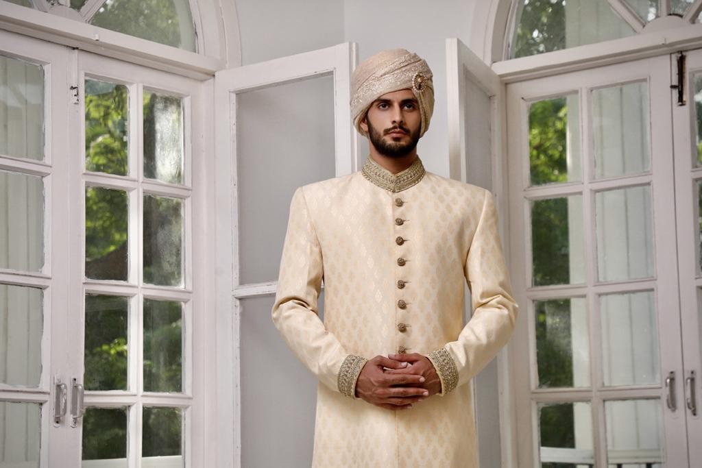 Haze Gold Embroidered Jacquard Sherwani (3-Piece) - Image 2