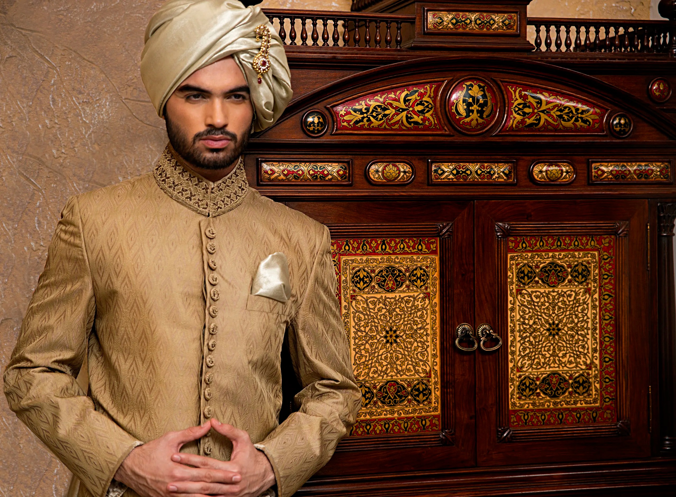 Gold Jacquard Sherwani with Embroidered Collar (2-Piece) - Image 1