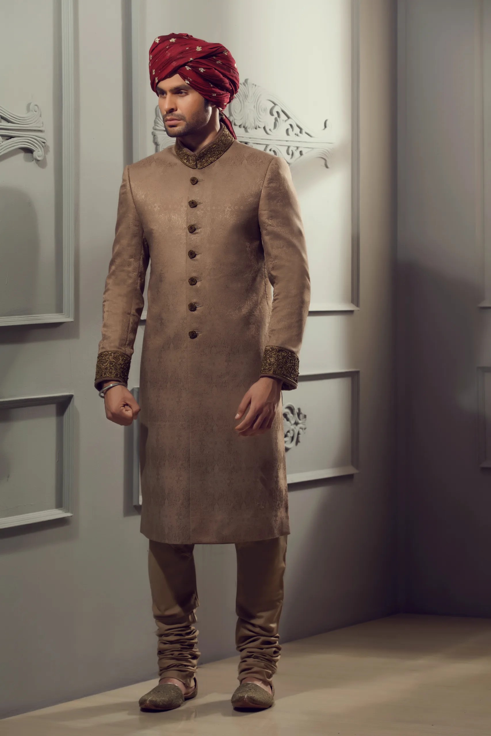 Champagne Gold Embroidered Jacquard Groom Sherwani (2-Piece) - Image 1