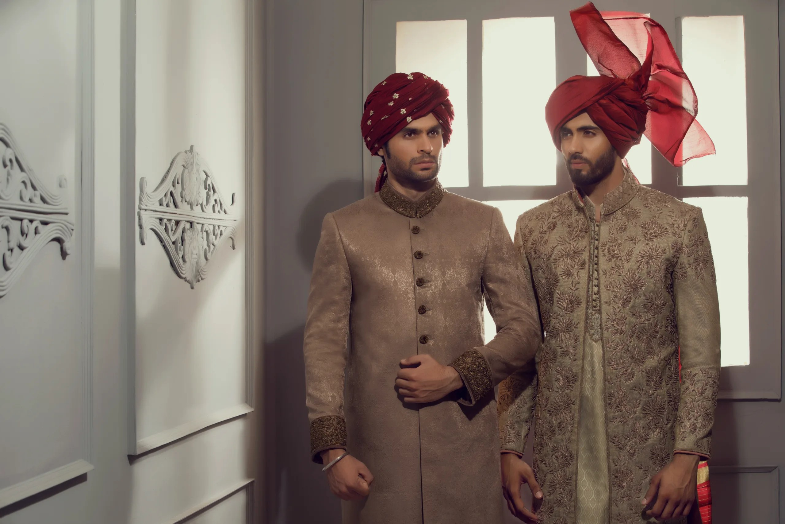 Champagne Gold Embroidered Jacquard Groom Sherwani (2-Piece) - Image 2