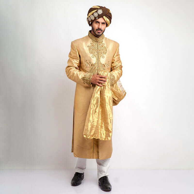 Medium Gold Zardozi Pure Jamavar Silk Sherwani (3-Piece) - Image 1
