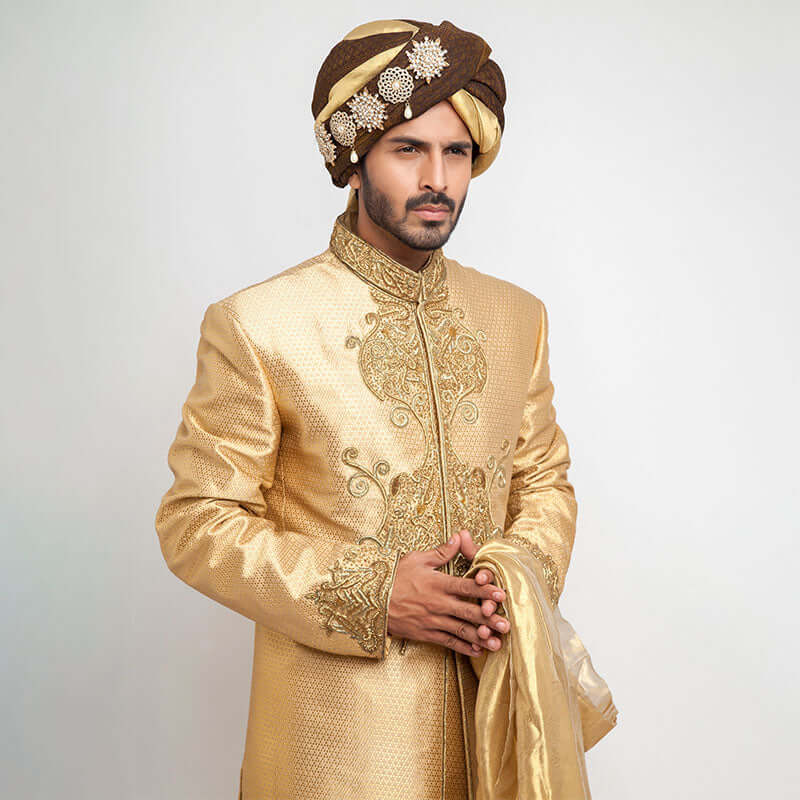 Medium Gold Zardozi Pure Jamavar Silk Sherwani (3-Piece) - Image 2