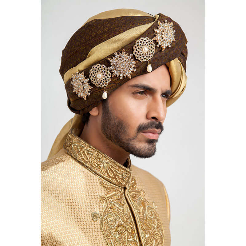 Medium Gold Zardozi Pure Jamavar Silk Sherwani (3-Piece) - Image 3