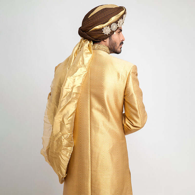 Medium Gold Zardozi Pure Jamavar Silk Sherwani (3-Piece) - Image 4