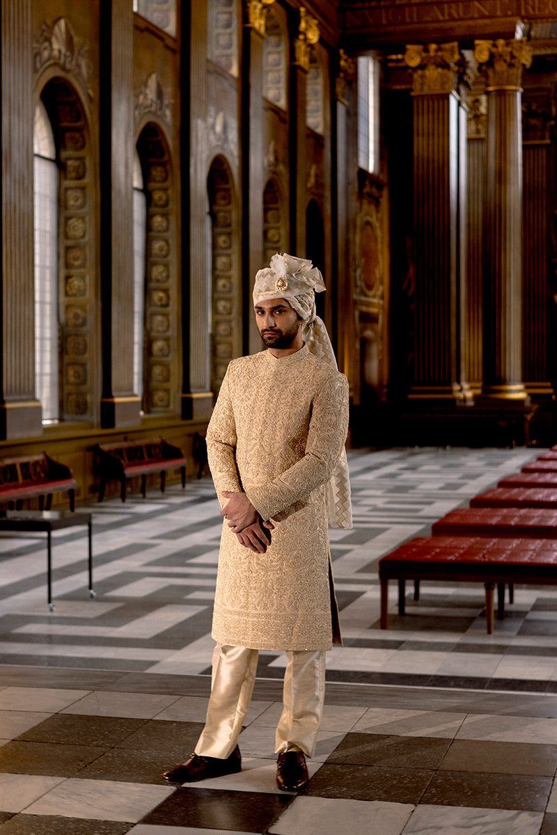 Gold Adda Work Self Jamawar Sherwani (2-Piece) - Image 2