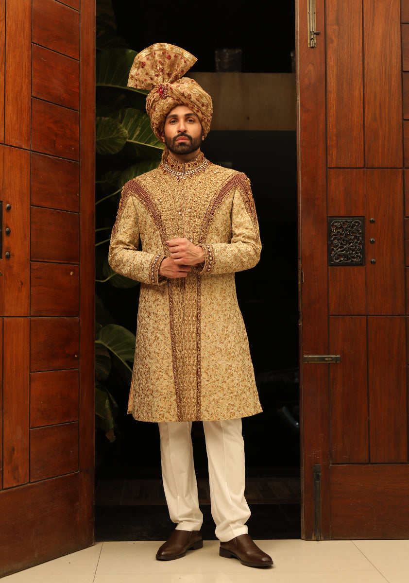Gold Embroidered Jamawar Groom Sherwani (3-Piece) - Image 1
